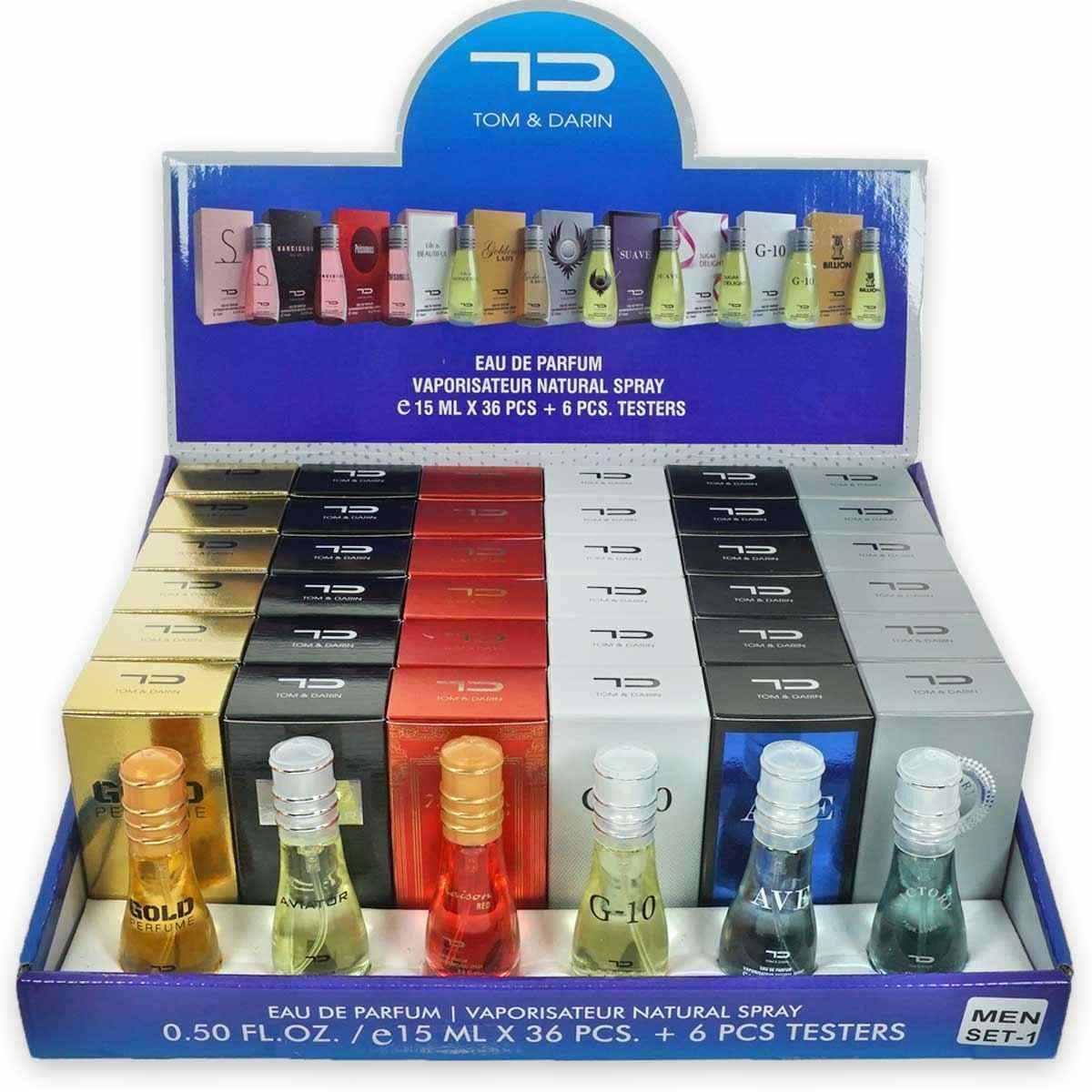 Expo 15 ml uomo 36pz+6tester composto da : ave/gold perfume/g10/maison<br>red/aviator/victory