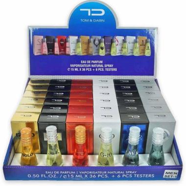Expo 15 ml uomo 36pz+6tester composto da : ave/gold perfume/g10/maison<br>red/aviator/victory