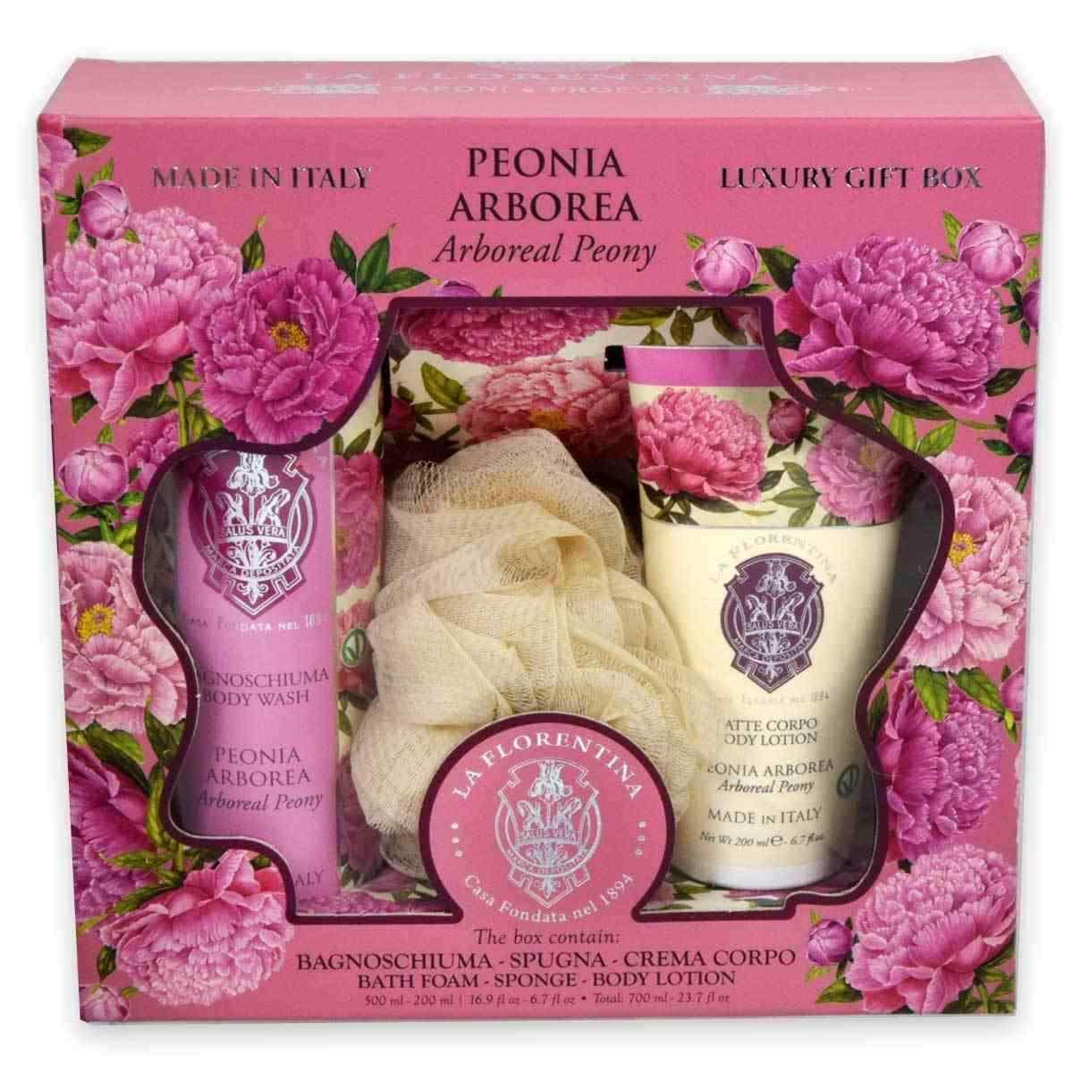 La florentinagift set bagnoschiuma peonia 500ml + latte corpo 200ml + spugna<br>