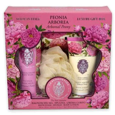 La florentinagift set bagnoschiuma peonia 500ml + latte corpo 200ml + spugna<br>